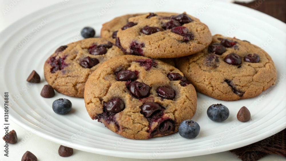 A plate of chewy chocolate cookies bursting with vibrant blueberry filling and chunks of crunchy chocolate chips, decadent dessert, chunky chocolate chips, pastry explosion A plate of chewy chocolate cookies bursting with vibrant blueberry filling and chunks of crunchy chocolate chips, decadent dessert, chunky chocolate chips, pastry explosion