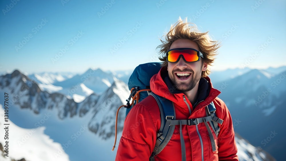 Happy Mountaineer on a Snowy Mountain Peak Happy Mountaineer on a Snowy Mountain Peak