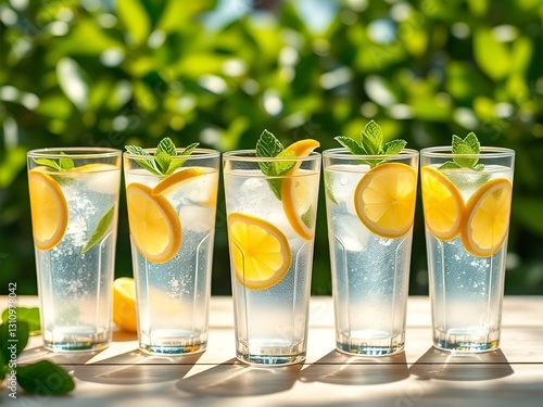 Refreshing glass of lemonade with lime and mint cocktail on a summer day photo