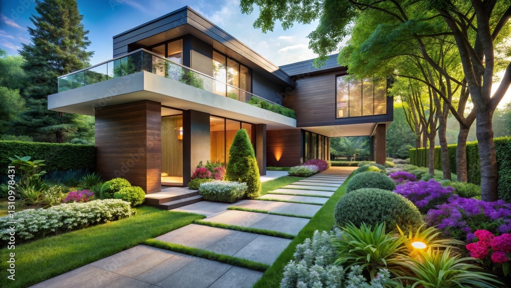 Fototapeta premium Modern Architectural Design Featuring a Luxurious Residence with Expansive Landscaping and Evening Illumination