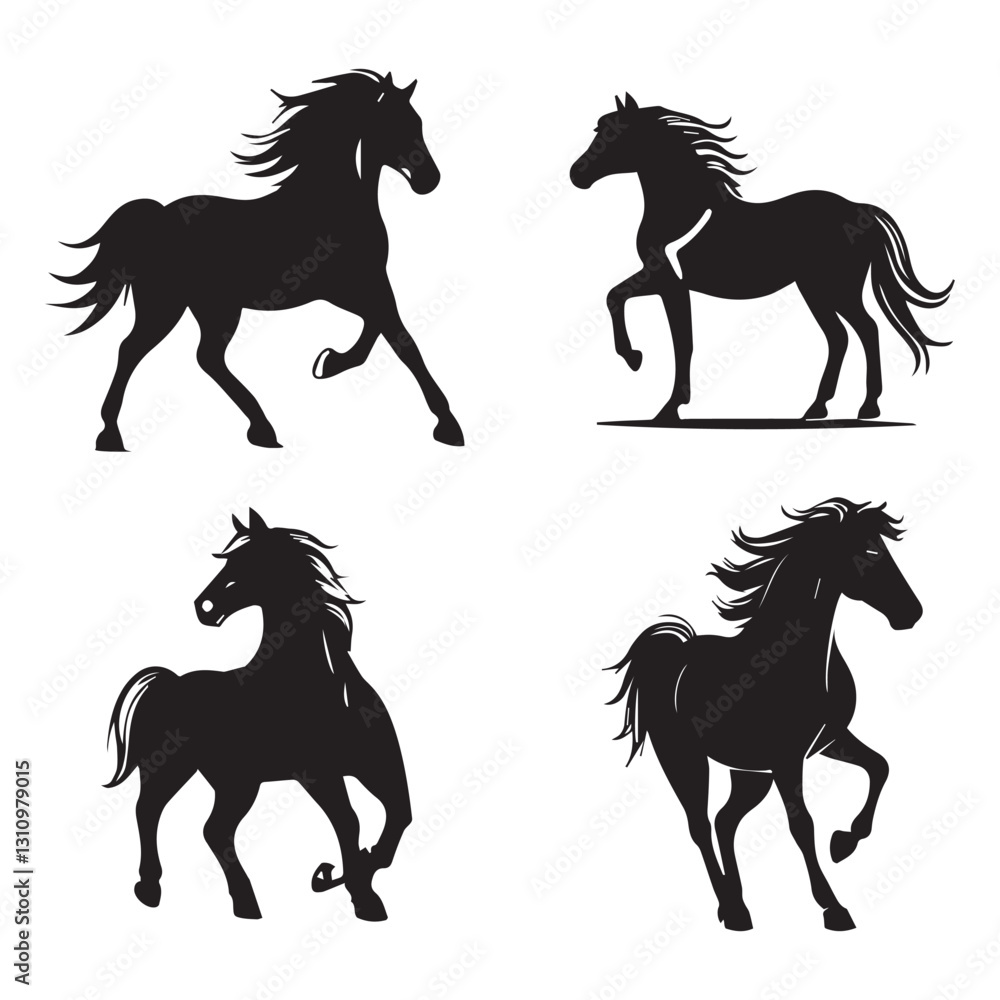 Four Dynamic Horse Silhouettes in Various Postures Four Dynamic Horse Silhouettes in Various Postures