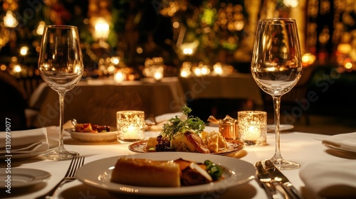 A stunning shot of a gourmet, multi-course meal including appetizers, mains, and desserts, with the background of an opulent fine-dining restaurant 