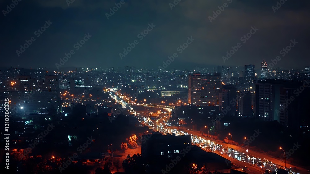 Nighttime cityscape with illuminated traffic and buildings against a dark sky. Nighttime cityscape with illuminated traffic and buildings against a dark sky.