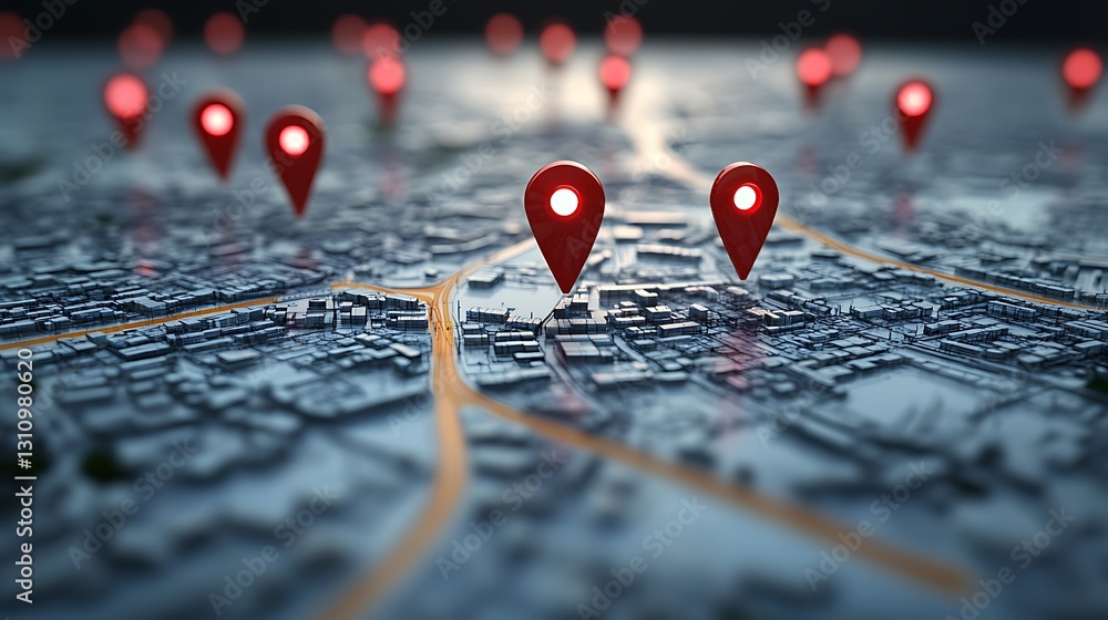 City Map with Location Pins, A close-up view of a city map with multiple red location pins indicating various points of interest City Map with Location Pins, A close-up view of a city map with multiple red location pins indicating various points of interest