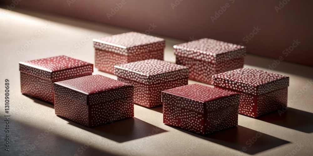 A Collection of Small Red Gift Boxes Decorated with White Polka Dots, Arranged on a Light Beige Surface, Bathed in Soft Sunlight A Collection of Small Red Gift Boxes Decorated with White Polka Dots, Arranged on a Light Beige Surface, Bathed in Soft Sunlight