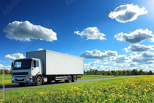 Truck driving on country road against blue sky , isolated on white background,  , copy space for text,