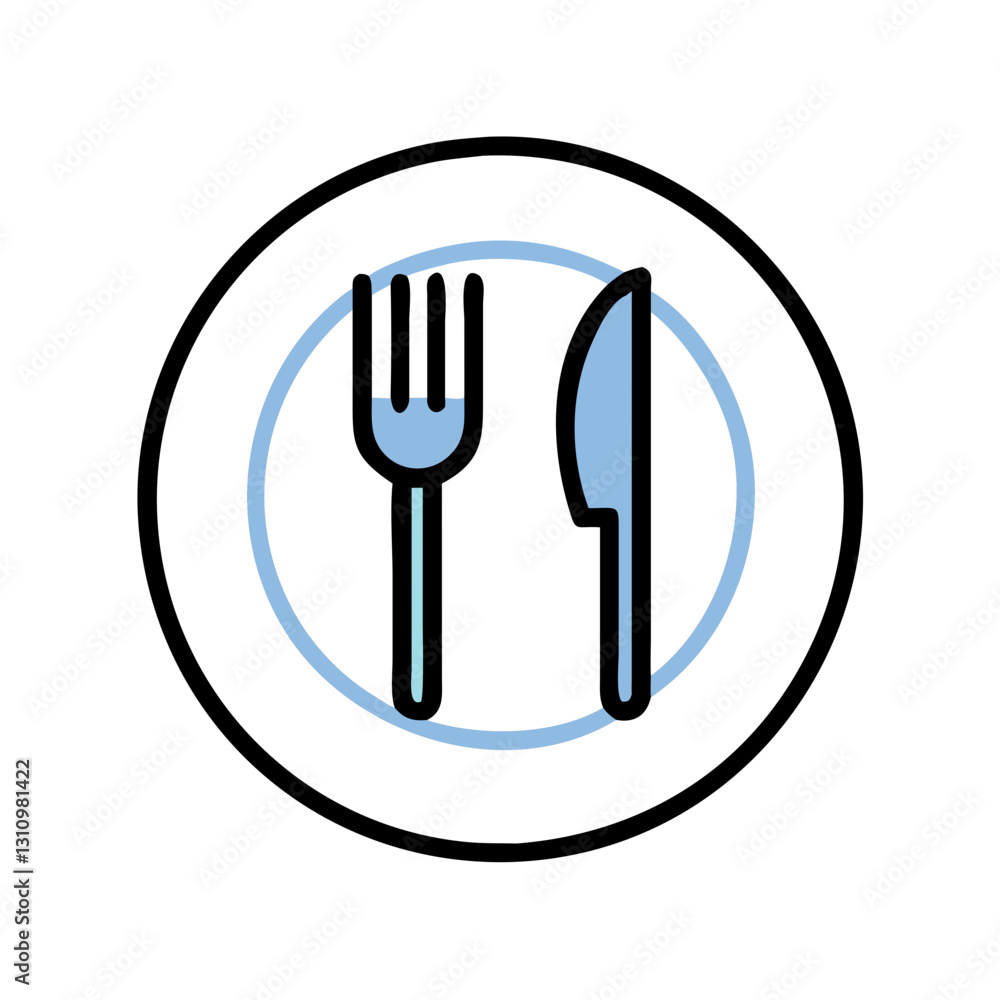 Fork and knife inside blue circular icon Fork and knife inside blue circular icon