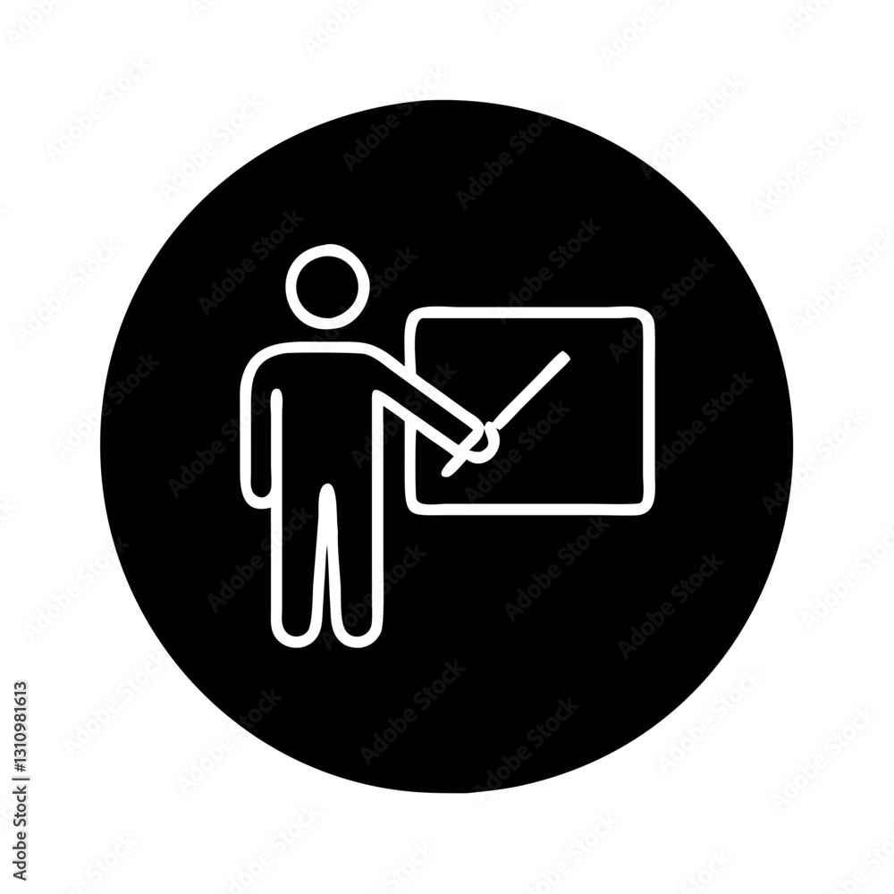 Black circular teacher and board icon Black circular teacher and board icon