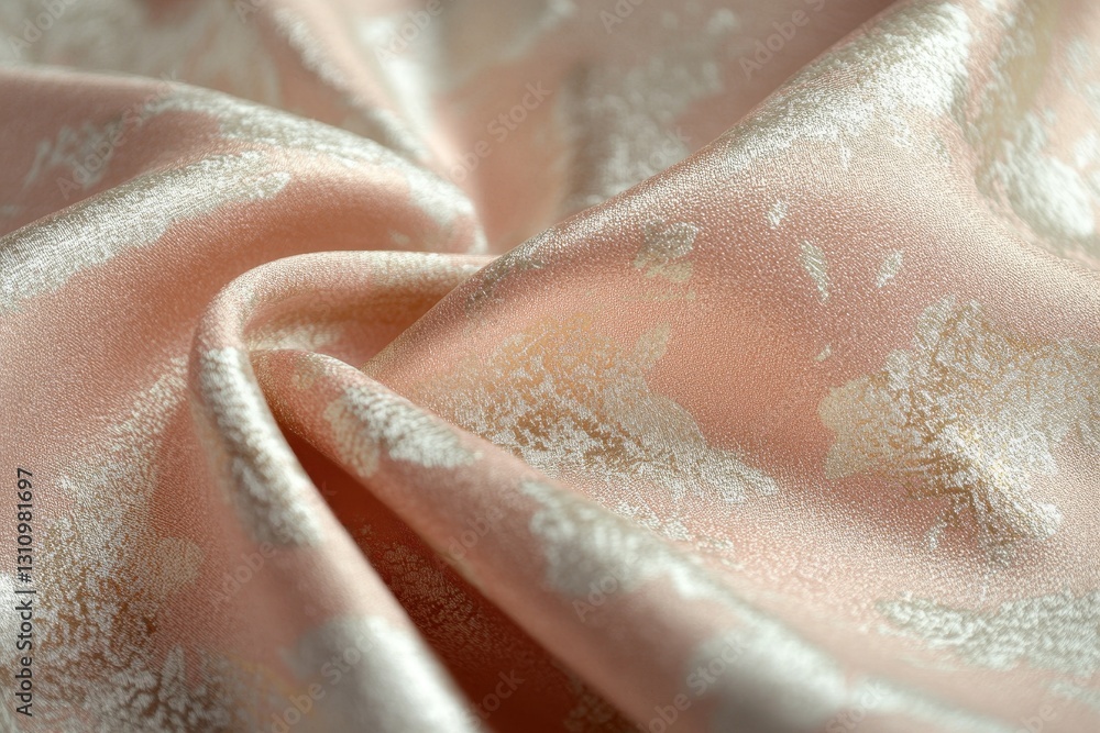 Fototapeta premium Peach silk fabric with gold accents, elegantly draped. Perfect for fashion, design, or textile projects showcasing luxurious texture.