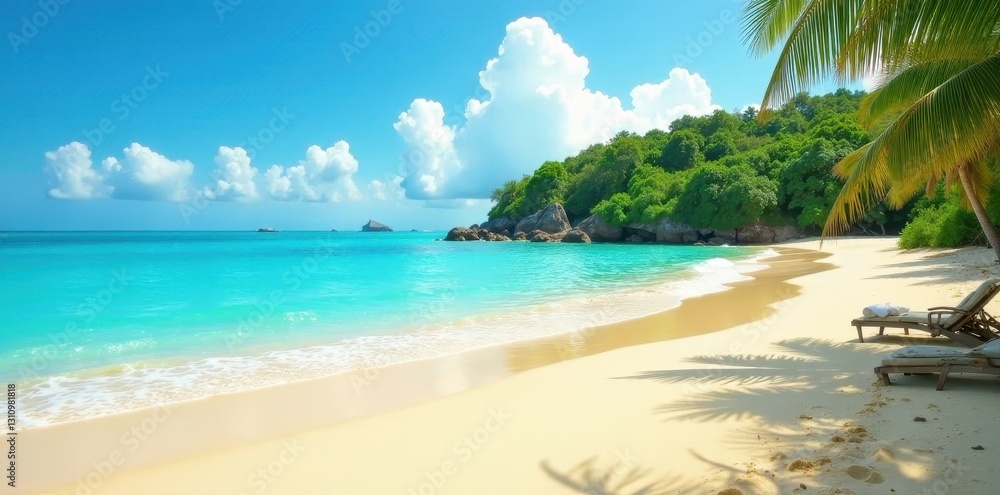 Golden sand, turquoise water, lush island backdrop, island, sea, landscape Golden sand, turquoise water, lush island backdrop, island, sea, landscape
