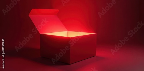 Open red box emitting ethereal light, vibrant red, artwork, glow