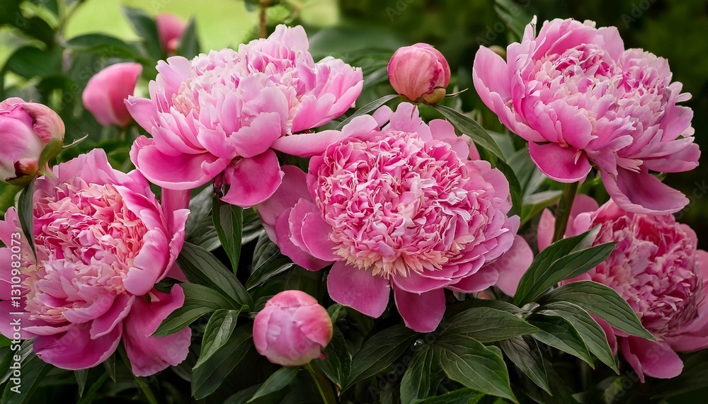 Lush pink peonies in full bloom with delicate petals and vibrant green leaves. A stunning floral display capturing the beauty of nature, ideal for spring and garden-themed designs Lush pink peonies in full bloom with delicate petals and vibrant green leaves. A stunning floral display capturing the beauty of nature, ideal for spring and garden-themed designs