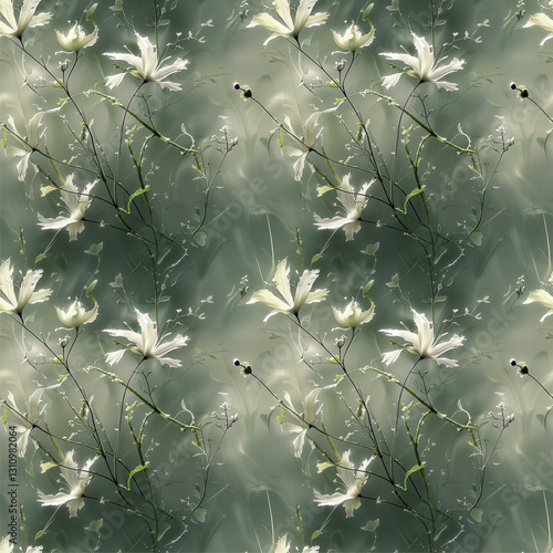 Seamless botanical pattern. Fresh delicate blooming flowers on branches, gentle spring design