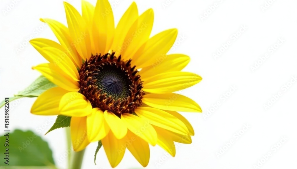 Fototapeta premium Vibrant yellow sunflower, sharp detail, white backdrop, plant, nature photography