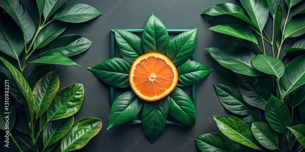 Obraz premium A vibrant citrus slice encircled by lush green foliage, artfully arranged within a simple frame.