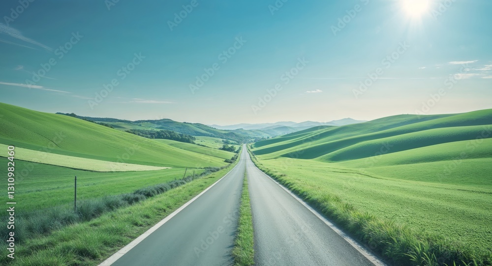Fototapeta premium Serene Country Road Surrounded by Lush Green Fields and Rolling Hills Under a Clear Blue Sky.