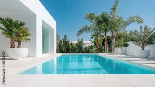 Modern white villa with swimming pool and palm trees.