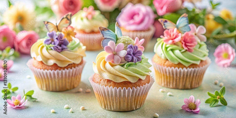 Spring Floral Cupcake with Pastel Butterflies and Flowers Decor Spring Floral Cupcake with Pastel Butterflies and Flowers Decor
