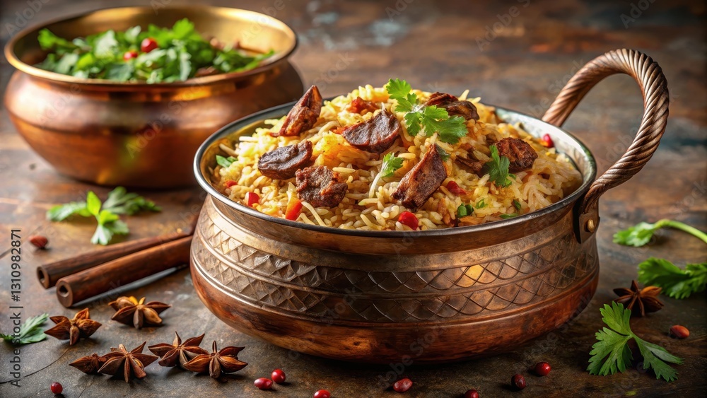Steaming hot plate of fragrant basmati rice and marinated lamb mixed with spices and herbs, served in a intricately designed copper pot, Indian cuisine, Herbs Steaming hot plate of fragrant basmati rice and marinated lamb mixed with spices and herbs, served in a intricately designed copper pot, Indian cuisine, Herbs