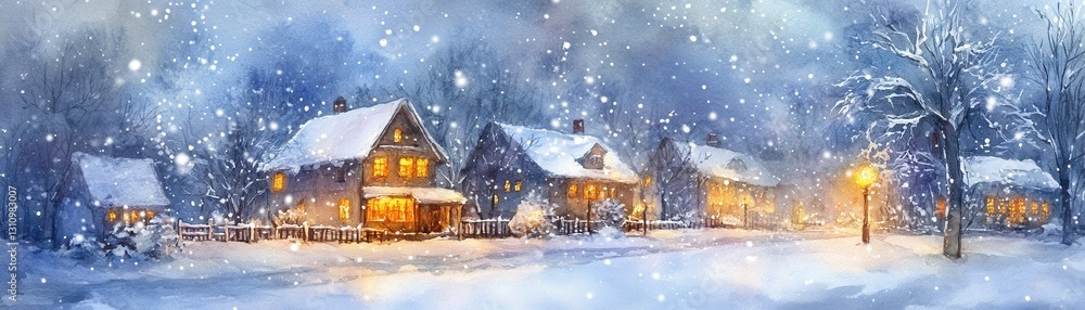 A tranquil winter scene featuring cozy houses illuminated by warm light, surrounded by falling snow and a serene, snowy landscape. A tranquil winter scene featuring cozy houses illuminated by warm light, surrounded by falling snow and a serene, snowy landscape.