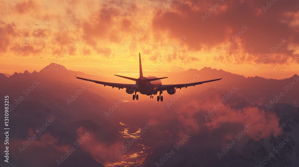 Airplane landing, sunset mountains, clouds, valley Airplane landing, sunset mountains, clouds, valley