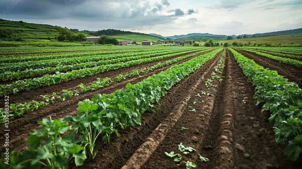 Rows of green plants growing on a cultivated farmland landscape Rows of green plants growing on a cultivated farmland landscape