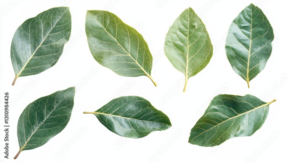 Fototapeta premium Nine Green Leaves Against White Background