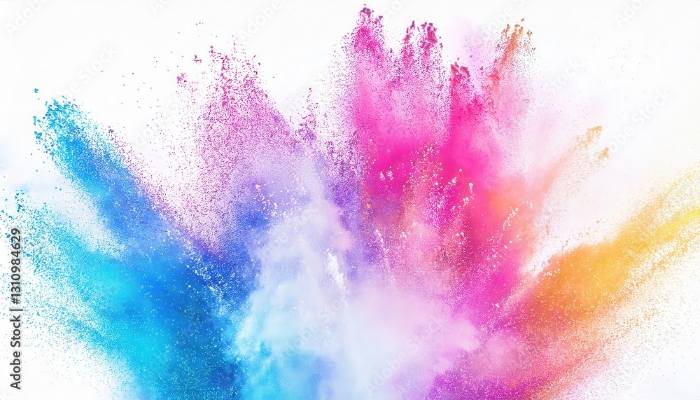 Obraz premium vibrant explosion of colorful powder in blue, pink, and yellow on white background, perfect for creative design and artistic projects