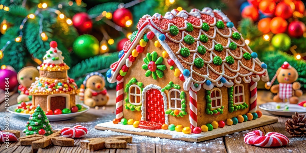Vibrant, multi-colored gingerbread house with intricate icing designs and gumdrop decorations on a festive holiday table, sweet treats, holiday decor Vibrant, multi-colored gingerbread house with intricate icing designs and gumdrop decorations on a festive holiday table, sweet treats, holiday decor