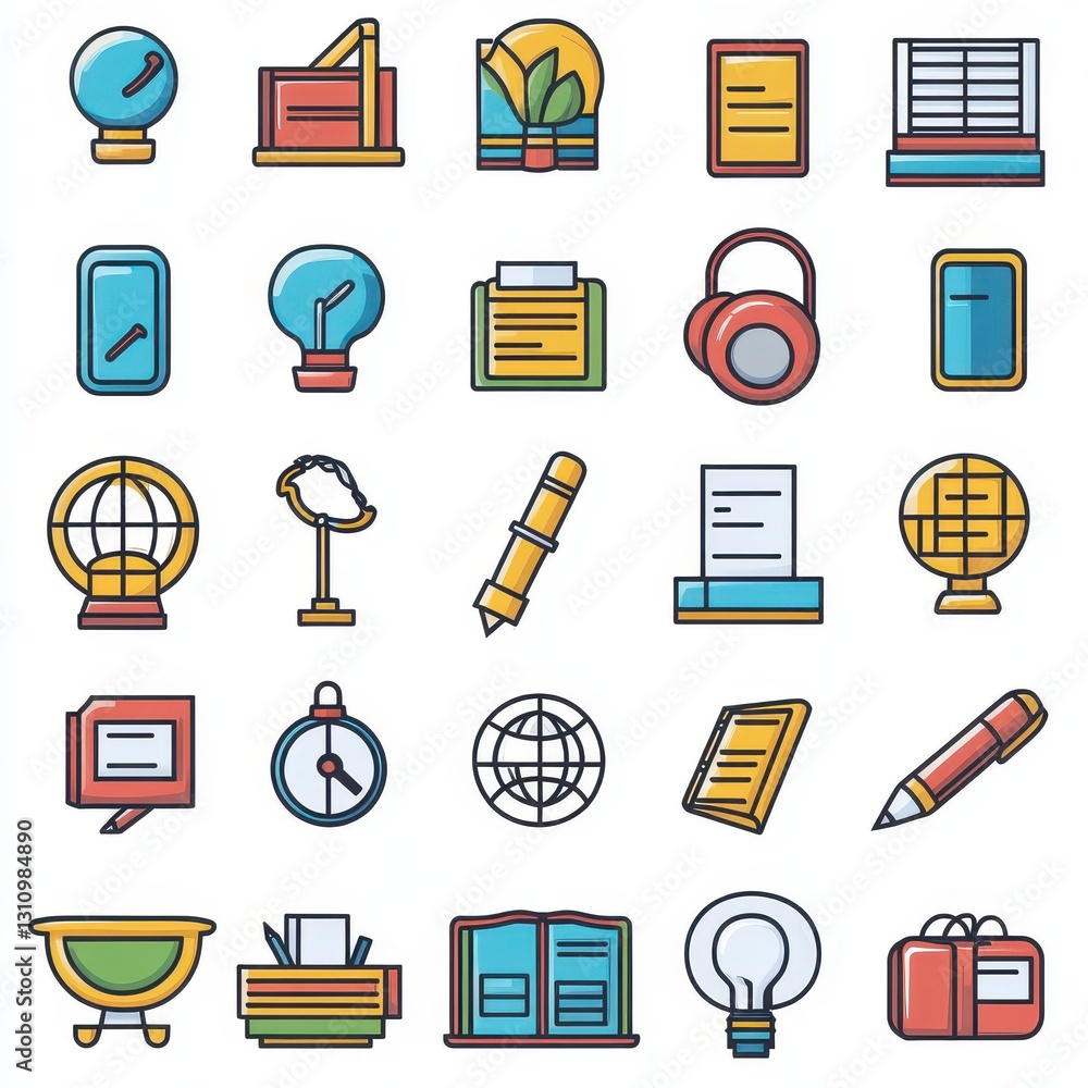 A vibrant collection of school supply icons, featuring bright pencils, markers, notebooks, and textbooks, all arranged playfully against a clean white background, perfect for educational themes. A vibrant collection of school supply icons, featuring bright pencils, markers, notebooks, and textbooks, all arranged playfully against a clean white background, perfect for educational themes.