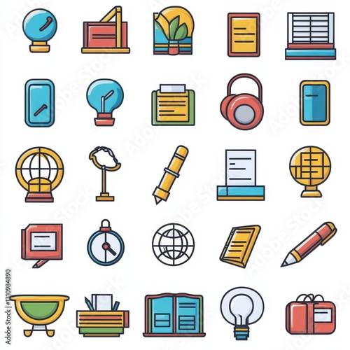 A vibrant collection of school supply icons, featuring bright pencils, markers, notebooks, and textbooks, all arranged playfully against a clean white background, perfect for educational themes.