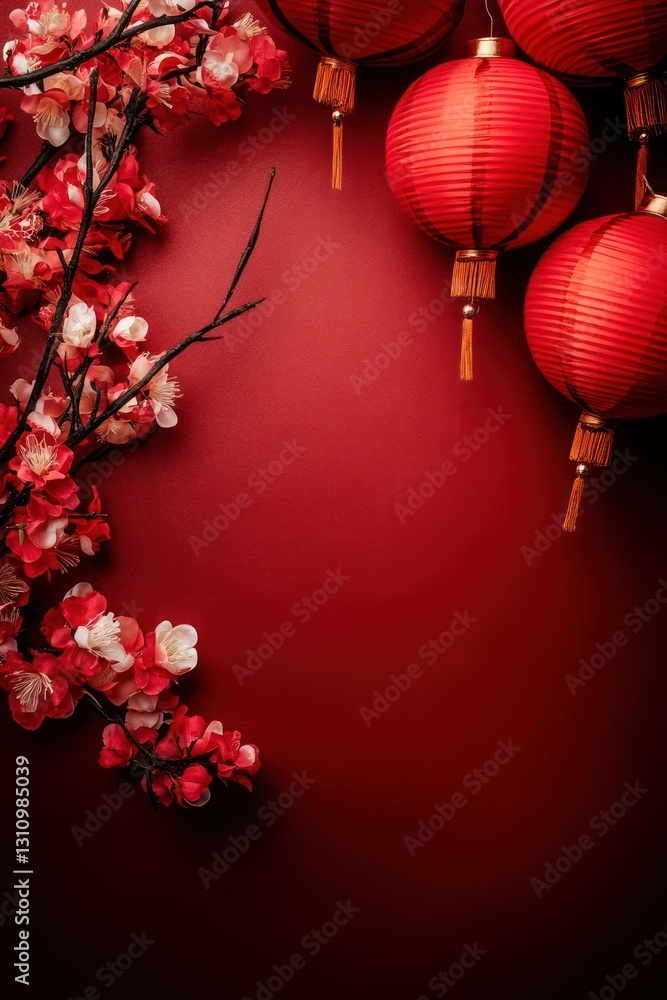 Fototapeta premium Red lanterns, plum blossoms, Chinese New Year, celebration, greeting card