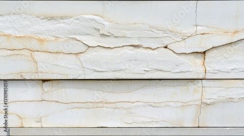 A close-up view of a white stone wall with a rough, textured surface and visible cracks. photo