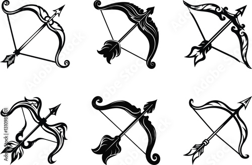 Modern and stylish bow and arrow silhouette vector art, bow and arrow line art vector icon design set