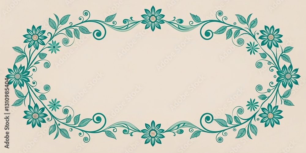 Elegant Teal Floral Frame with Swirling Vines and Delicate Flowers for Design and Decoration Elegant Teal Floral Frame with Swirling Vines and Delicate Flowers for Design and Decoration
