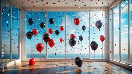 Red and black balloons float in a sunlit room with a panoramic view