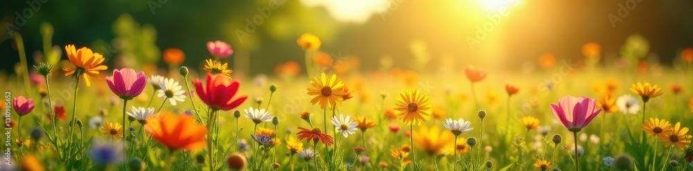 Fototapeta premium Sun-drenched meadow, vibrant wildflowers in bouquet , stock, landscape