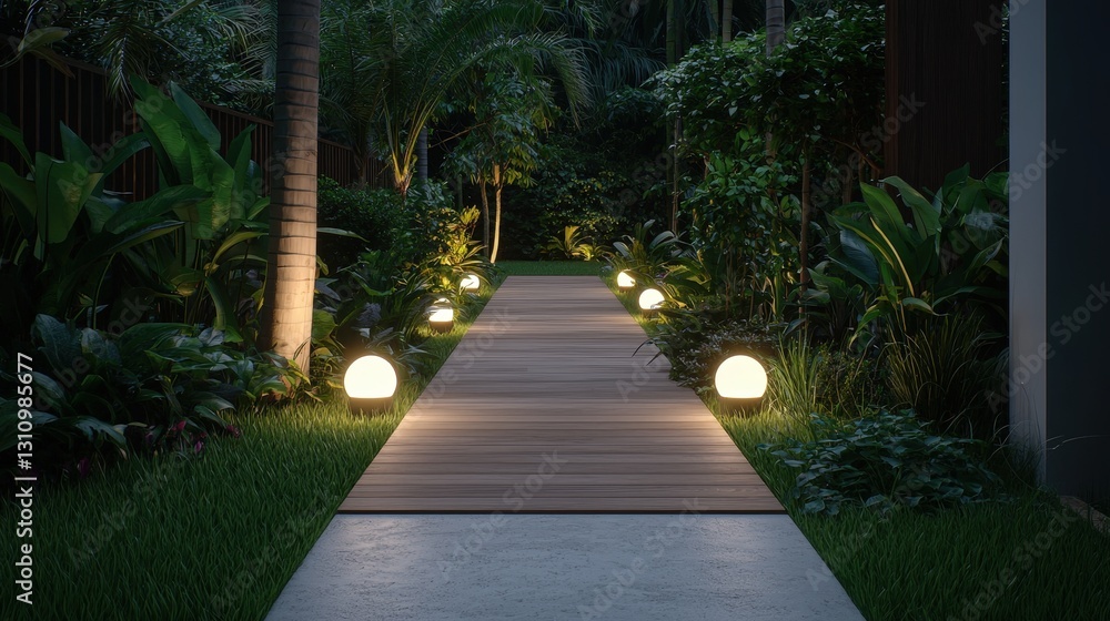 Night garden path with lights. Night garden path with lights.
