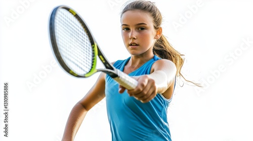Female tennis players, white background.