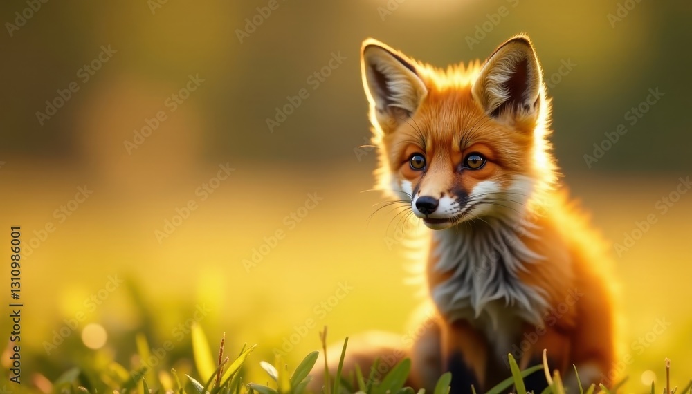 Obraz premium Adorable red fox kit, curious gaze, sunny field , wild animal, wildlife photography, spring
