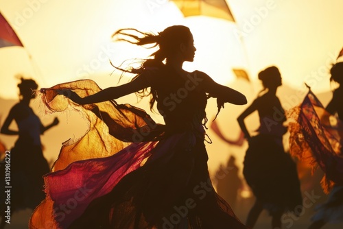 Graceful female faces of different races dancing with kites in the sunset, ki...