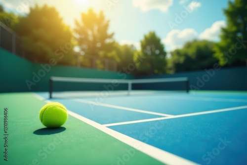 Bright sunlight illuminates a blue and green tennis court with a lone tennis ball , image, shadow