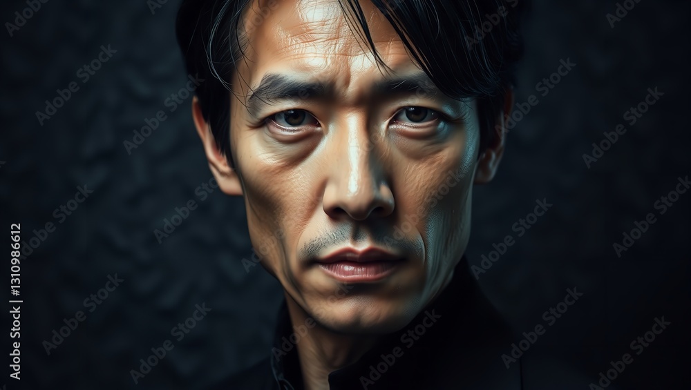 A man with a black face on a black background wearing a black shirt with sweat on his face A man with a black face on a black background wearing a black shirt with sweat on his face