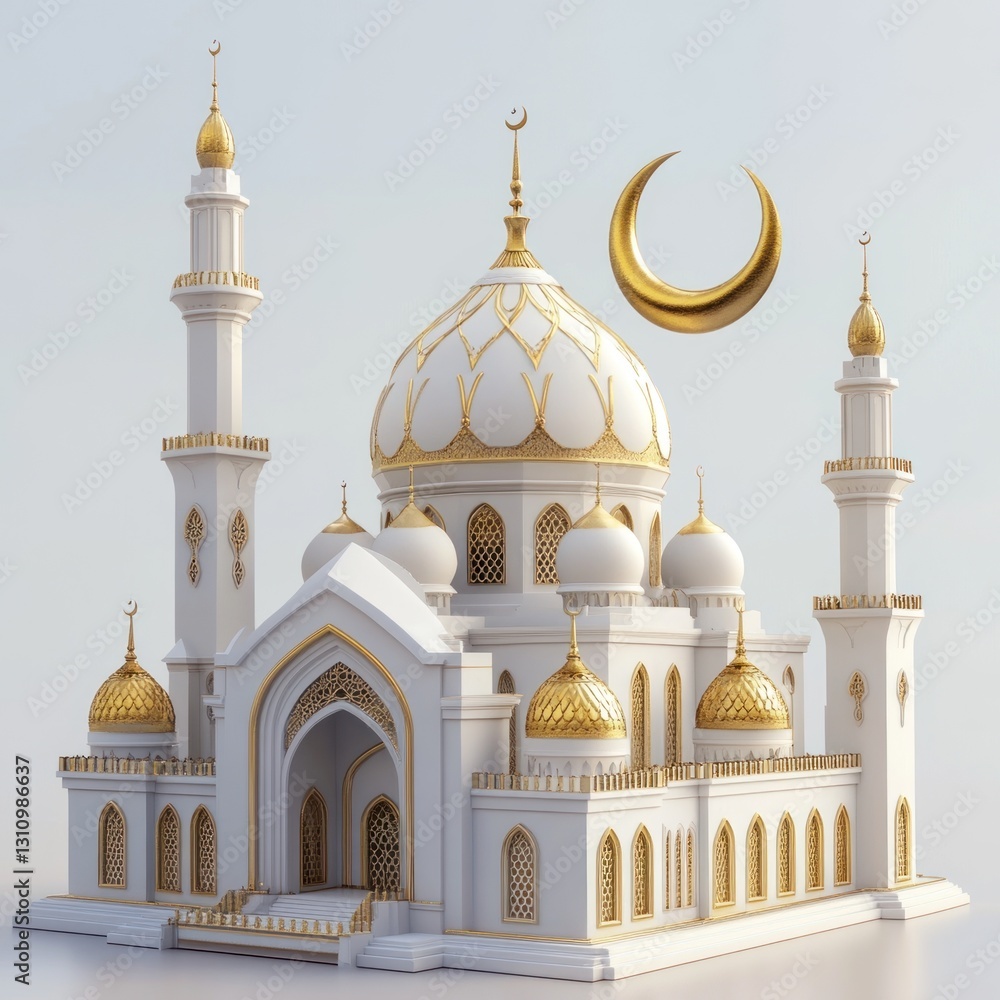Obraz premium Elegant white mosque with golden details and crescent moon.