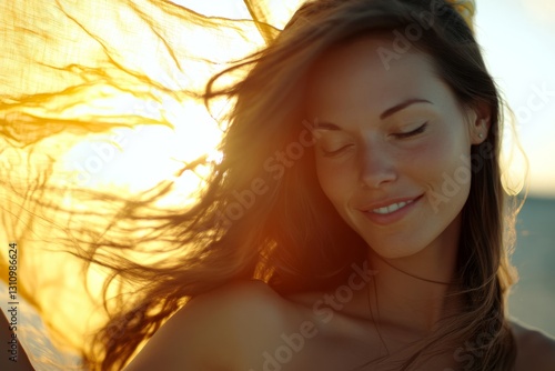 Graceful female faces of different races dancing with kites in the sunset, ki...