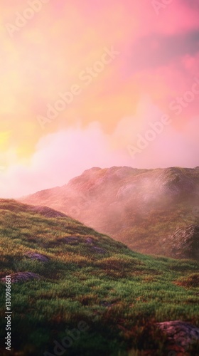 Vibrant Sunset Over a Misty Mountain Ridge with Lush Grass