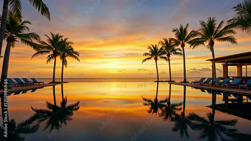 Stunning Infinity Pool Reflecting Tall Palm Trees at Sunset with Serene Ocean Horizon View Stunning Infinity Pool Reflecting Tall Palm Trees at Sunset with Serene Ocean Horizon View