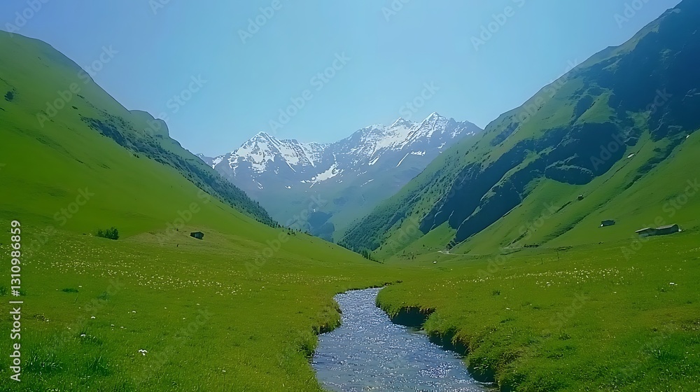 A serene valley scene of mountains and a flowing river A serene valley scene of mountains and a flowing river
