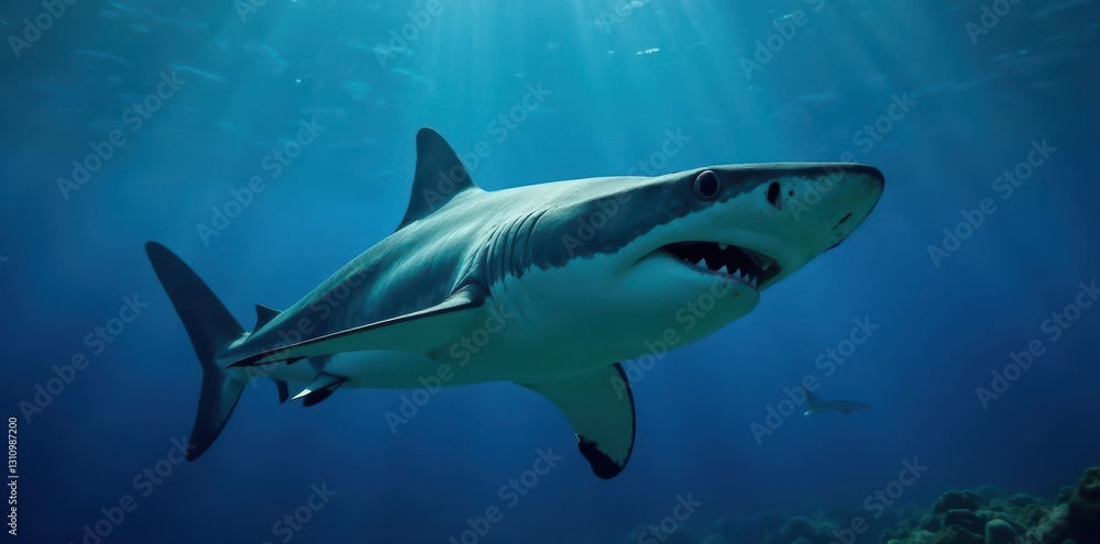 A hammerhead shark, mouth agape, hunts in blue water, animal, predator, wildlife photography A hammerhead shark, mouth agape, hunts in blue water, animal, predator, wildlife photography
