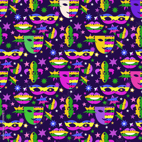 Mardi Gras Carnival, masquerade seamless pattern holidayy template design Vector carnaval texture